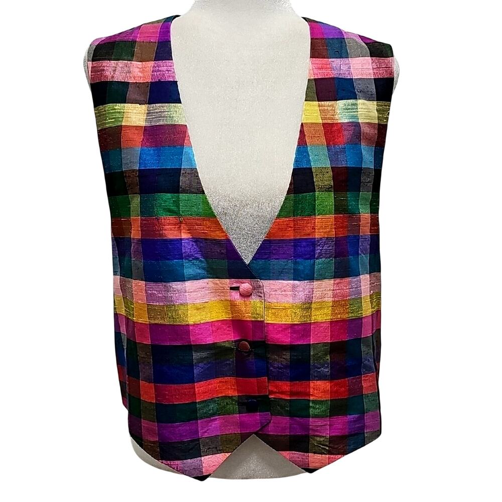 Handcrafted Women's Artistic Multicolor Plaid and Floral 3 Button Vest Size S/M